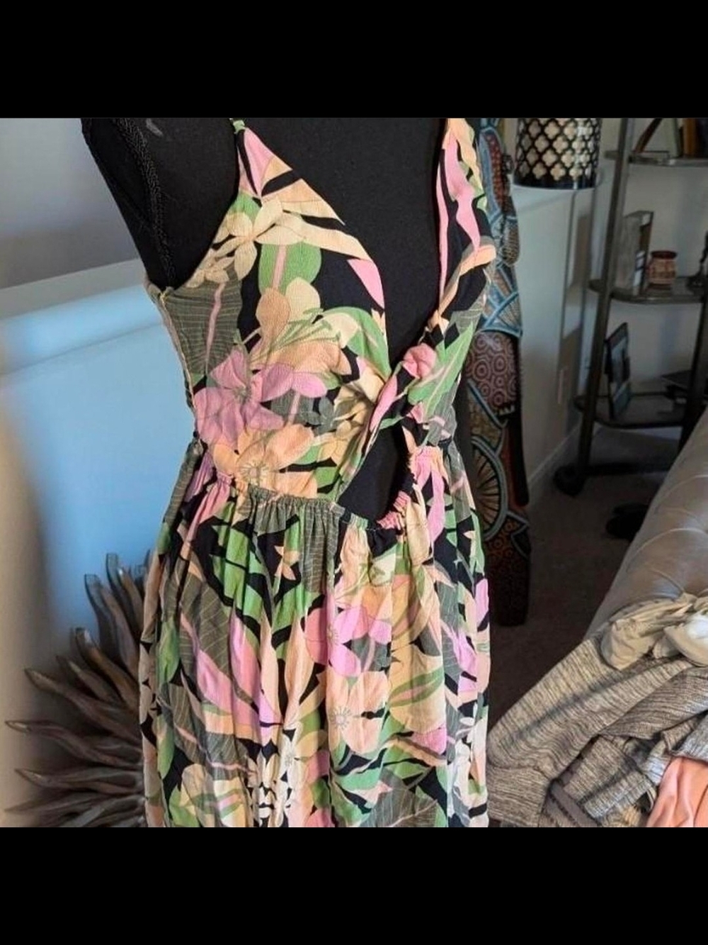 Roxy Strapless Floral Tie-Front Dress in Black with Pastel Pink & Green